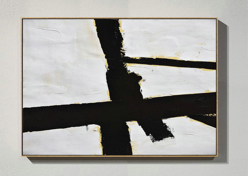 Hand Paint Abstract Painting,Horizontal Palette Knife Minimal Canvas Art Painting Black White Beige - Abstract Painting For Home